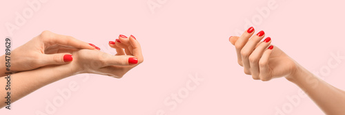 Hand with beautiful manicure on white background