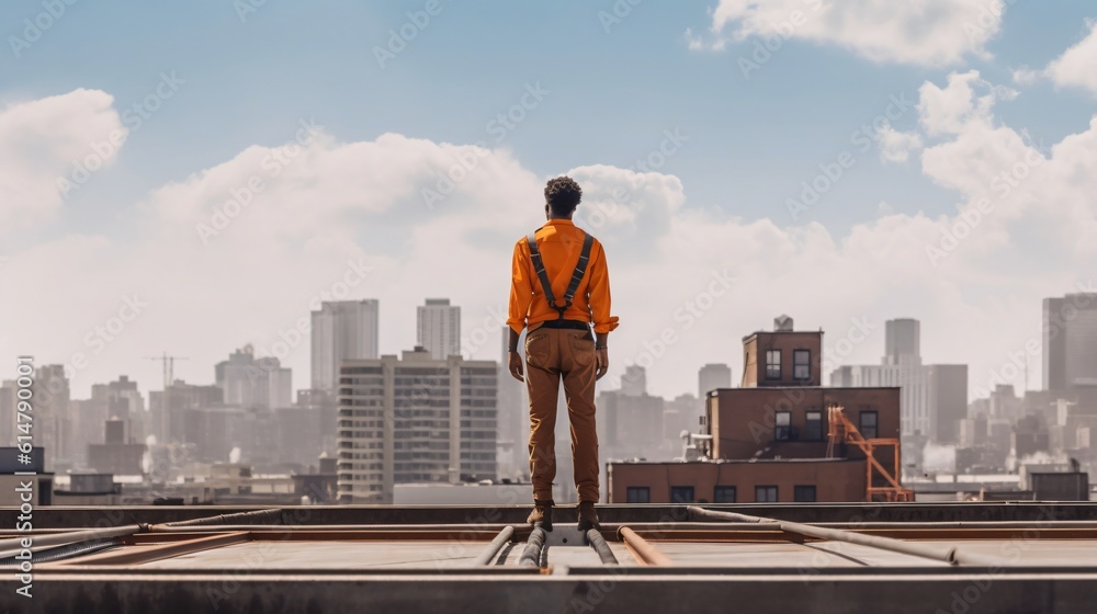 captivating moment of a man standing confidently on a rooftop, donning a vibrant orange vest