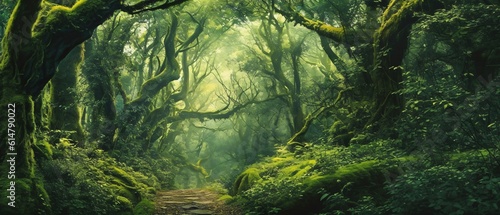 Foggy green forest enveloped in an ethereal ambiance