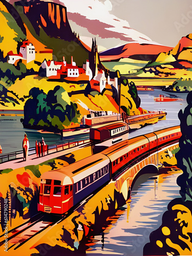 vintage art deco style 1960s railway travel poster with a diesel locomotive train running though a coastal landscape
