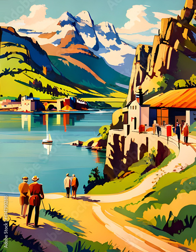 vintage art deco style 1930s travel poster with people enjoying lakeside scenery