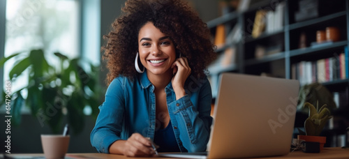 woman working on laptop. Young woman studiyng on laptop. Young woman entrepreneur working on laptop.  Image generative AI. photo