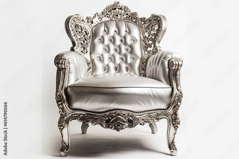 Silver chair with white background, isolated. piece of design with a clipping path. Generative AI Silver chair with white background, isolated. piece of design with a clipping path. Generative AI