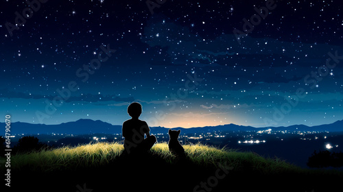 星空を眺める少年と子犬のシルエット　Generative AI © Hanasaki