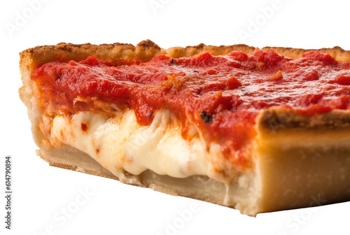 Side view of Chicago style pizza with hot sauce on transparent background