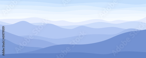 Vector illustration of beautiful blue mountain landscape. Panoramic landscape with mountains silhouettes and blue sky. Horizontal banner or background. Vector illustration