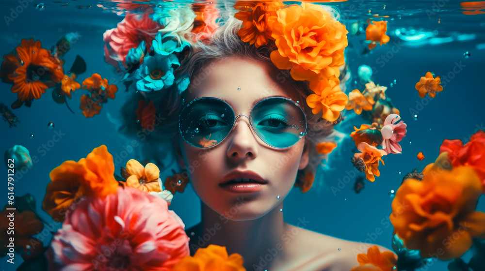 Fototapeta premium portrait of beauty girl in sunglasses swimming in pool surrounded by petals of flowers. resort concept. generative AI