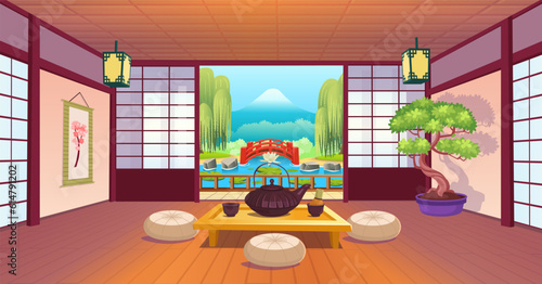 japanese room with a big window, cups and teapot on table, garden view, fan, bonsai. Japanese tea ceremony. Cartoon style