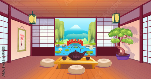 japanese room with a big window, cups and teapot on table, garden view, fan, bonsai. Japanese tea ceremony. Cartoon style