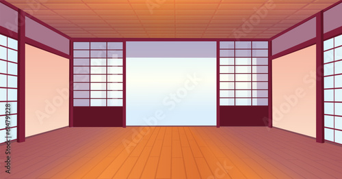 Empty japanese room with a big window.  Cartoon style