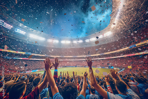 Cheering fans on the field. AI technology generated image