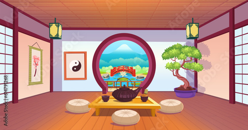 japanese room with a big round door overlooking the garden, cups and teapot on table, garden view, fan, bonsai. Japanese tea ceremony.  Beautiful Japanese nature, red bridge, lake with water lilies.