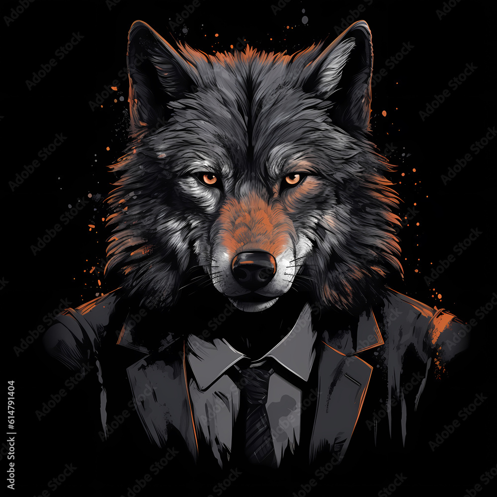 Wolf wearing a business suit. Generative AI. Wolf wearing a business suit. Generative AI.