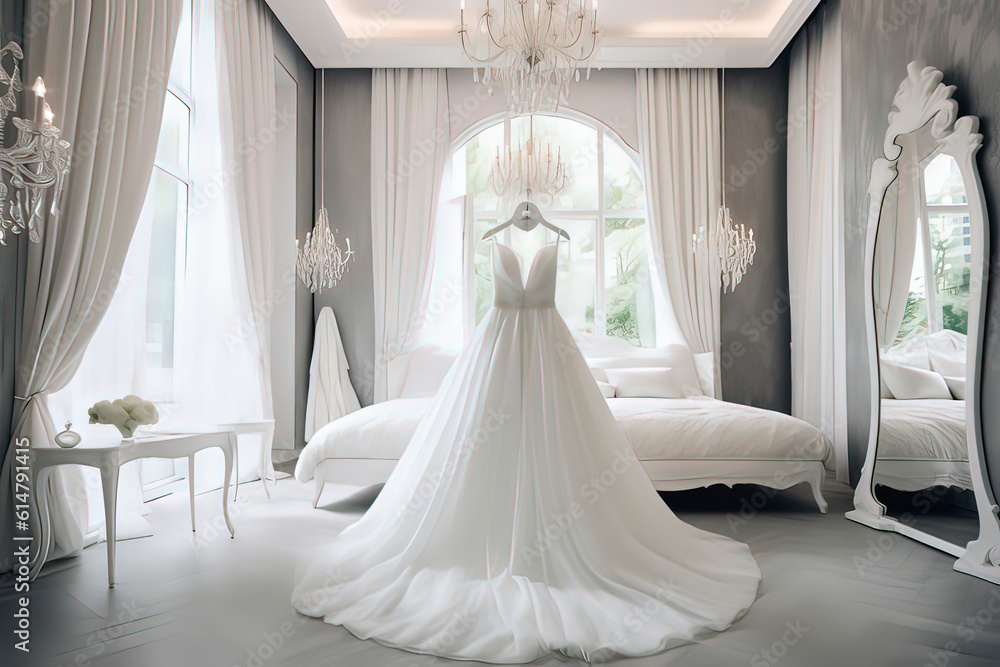 A white wedding dress from a wedding dress shop. AI technology generated image A white wedding dress from a wedding dress shop. AI technology generated image
