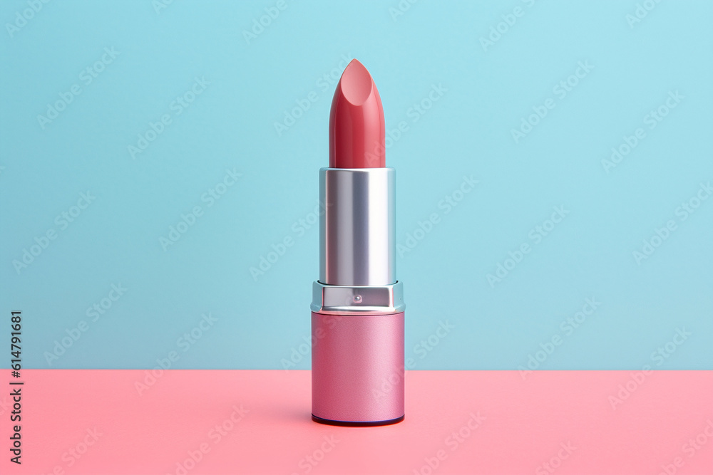 Single lipstick on pastel blue background Single lipstick on pastel blue background