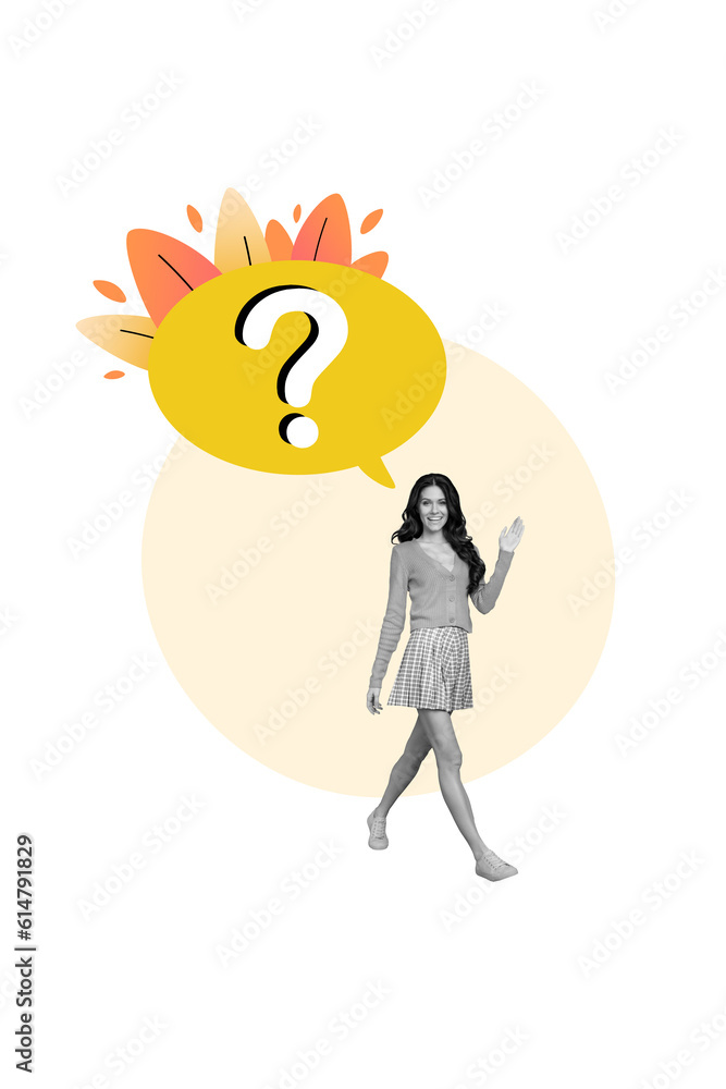 Obraz premium Creative collage illustration of funny woman walking friendly waves hand hello misunderstanding speaking cloud isolated on white background