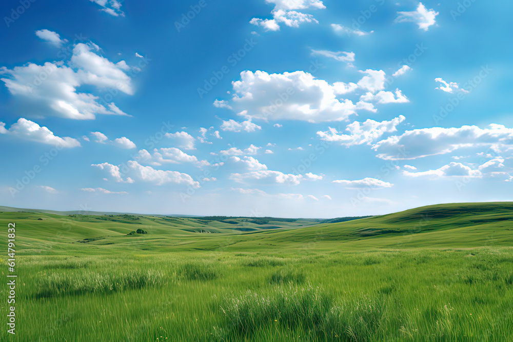Grassland and Blue Sky and White Clouds. AI technology generated image Grassland and Blue Sky and White Clouds. AI technology generated image