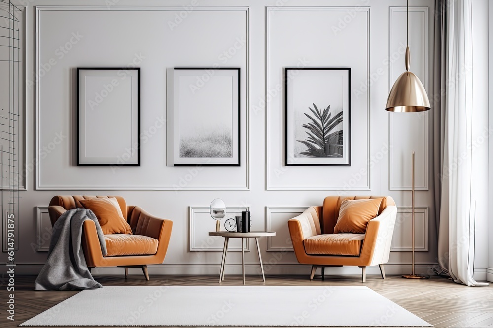 Two vertical blank posters with clipping paths around them are displayed on a white wall inside a contemporary living room. Generative AI Two vertical blank posters with clipping paths around them are displayed on a white wall inside a contemporary living room. Generative AI
