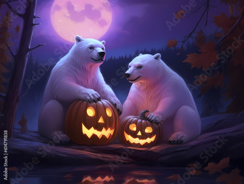 Halloween Polar Bears with Jack o Lantern Pumpkins in Purple Night Skies