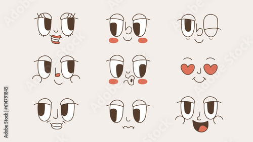 Groovy faces of the 70s. Comic cartoon retro eyes and mouths with different emotions. Vector
