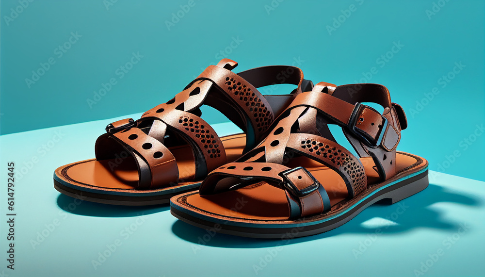 Naklejka premium Sandals in brown leather on a bright blue background, Generative AI