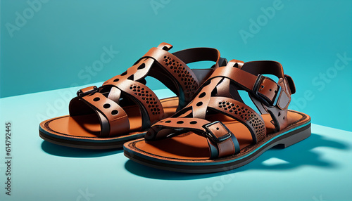 Sandals in brown leather on a bright blue background, Generative AI photo