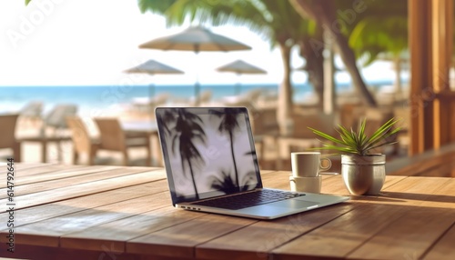 laptop wooden tabletop in a beachside