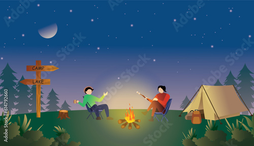 summer camp and friends chatting near the campfire vector illustration, night camp in the forest website background