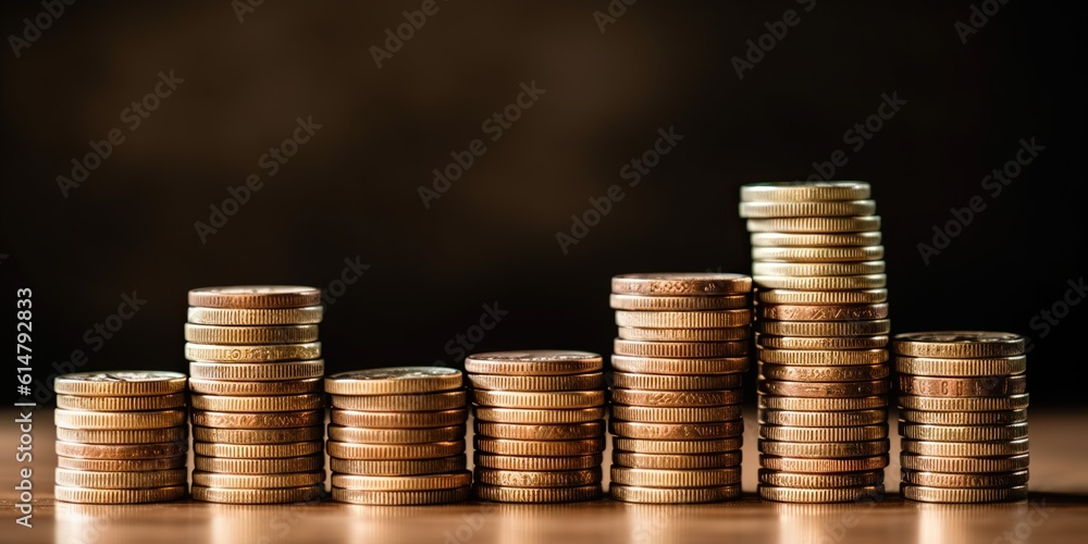 Close-up of coins stacking in ascending order, representing growth in savings or investment, concept of Diversification, created with Generative AI technology Close-up of coins stacking in ascending order, representing growth in savings or investment, concept of Diversification, created with Generative AI technology