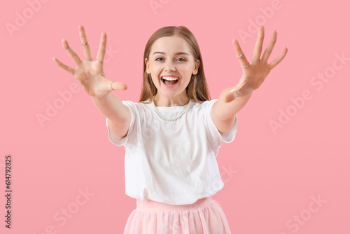 Happy young woman in t-shir...