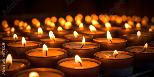 Many burning candles with shallow depth of field. AI generated