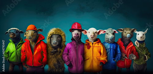 diferent animals as people in row, vibrant color, diversity and inclusion, world animal day concept