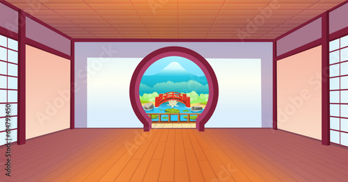 japanese room with a big round door overlooking the garden, cups and teapot on table, garden view, fan, bonsai. Japanese tea ceremony.  Beautiful Japanese nature, red bridge, lake with water lilies.