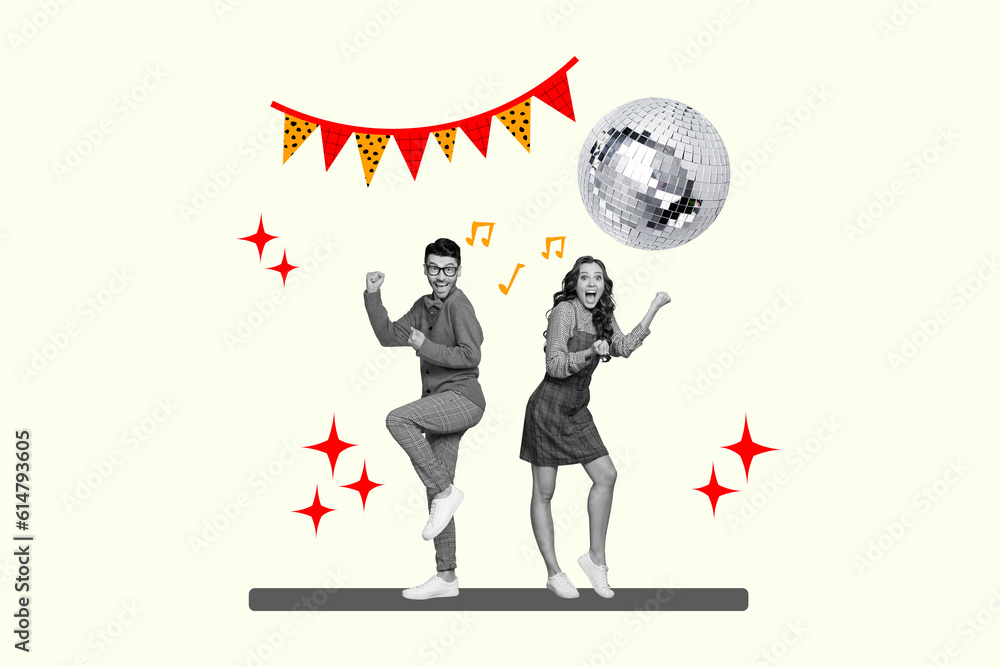 Obraz premium Photo placard retro discotheque invitation discoball party collage concept of wife husband having fun isolated on beige color background