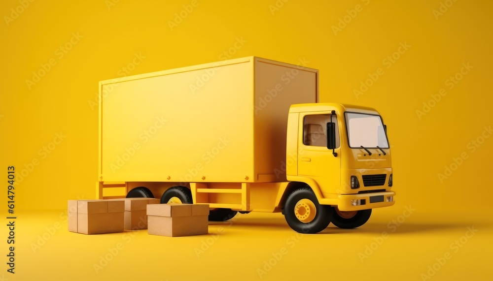 Yellow delivery truck with cardboard boxes.Transportation shipment.3d rendering Yellow delivery truck with cardboard boxes.Transportation shipment.3d rendering