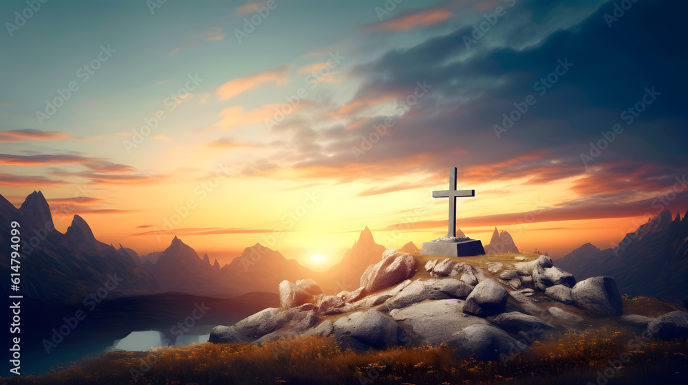 Fototapeta premium Christian cross on hill at sunset. AI generated
