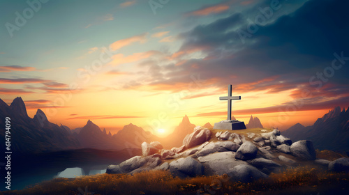 Christian cross on hill at sunset. AI generated