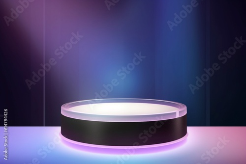 Round Podium platform with multicolor glitter effect. Advertising or award ceremoney. Show and sale background. Realistic podium for product dislpay and presentation