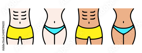 夏の海で日焼けしたマッチョマンな男女の腹筋。ベクターアイコンイラスト素材