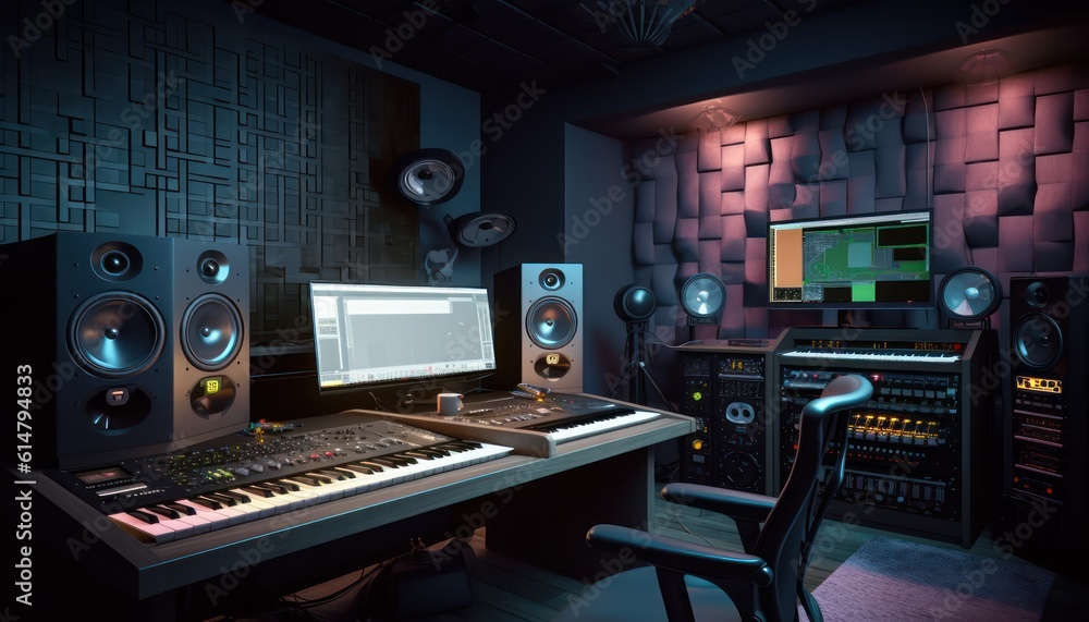 Audio workplace,recording studio,computer music studio. 3d rendering Audio workplace,recording studio,computer music studio. 3d rendering