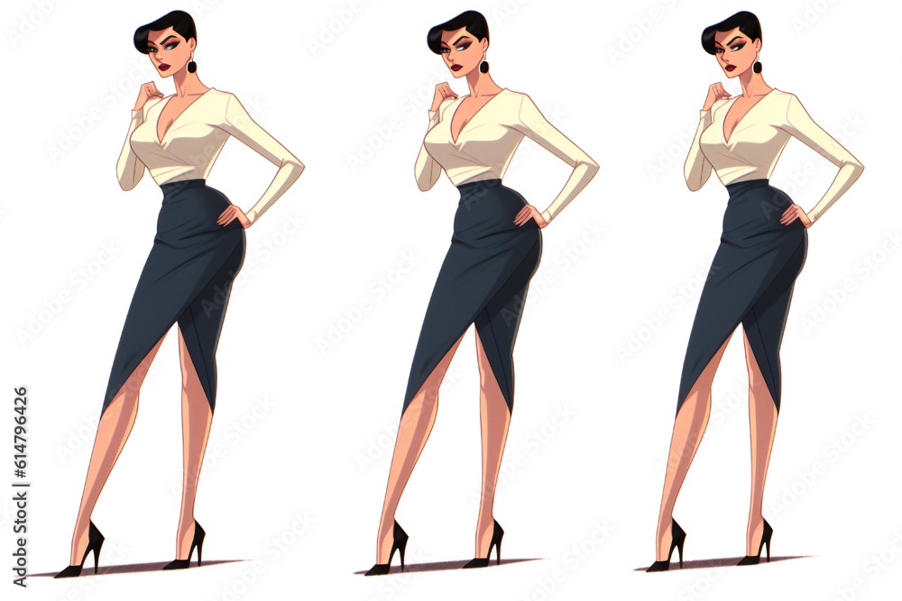 Fototapeta premium Frigid tall sleek beautiful secretary cosplaying showing stiletto high heels and her legs on white background