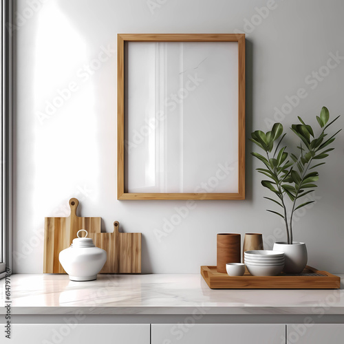 a white countertop with a wooden frame, featuring a plant, ceramic vase with houseplants, stacked wooden bowls holding items, and an overall warm and inviting atmosphere.