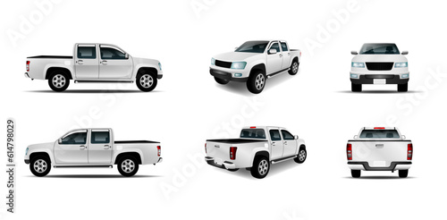 Set of car pickup, truck mockup realistic white isolated on the background. Ready to apply to your design. Vector illustration.