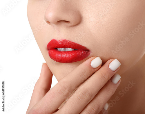 Woman with red lips on white background  closeup