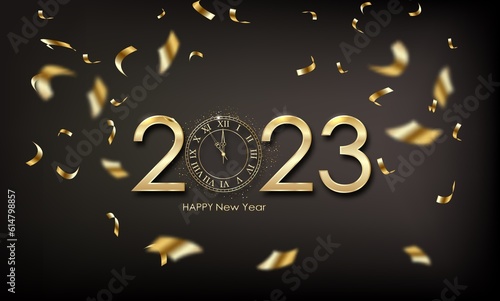 Happy new year 2023 dry brush lettering with clock icon