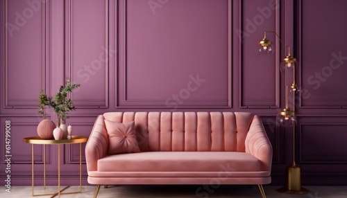 Modern classic style with pink sofa and gold table on purple wall background.3d rendering