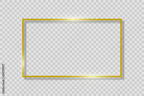 Foil golden frame on transparent background with shadow. Gold rectangle border is made of foil texture with glow shine and light effect. Vector.