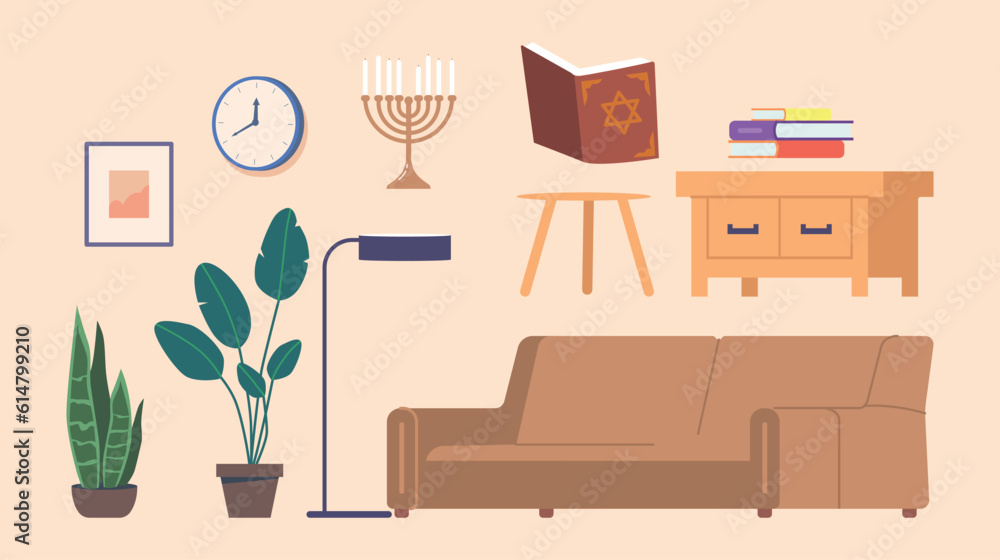 Set of Jewish Living Room Furniture and Items. Sofa, Torah Book, Menorah, Picture and Clock on the Wall, Houseplant Set of Jewish Living Room Furniture and Items. Sofa, Torah Book, Menorah, Picture and Clock on the Wall, Houseplant