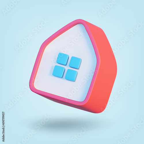 Abstract pink house isolated on blue background. 3D Rendering. Vector illustration