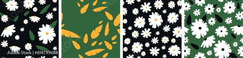 Vector illustration. Seamless pattern with daisies and leaves. A large set.